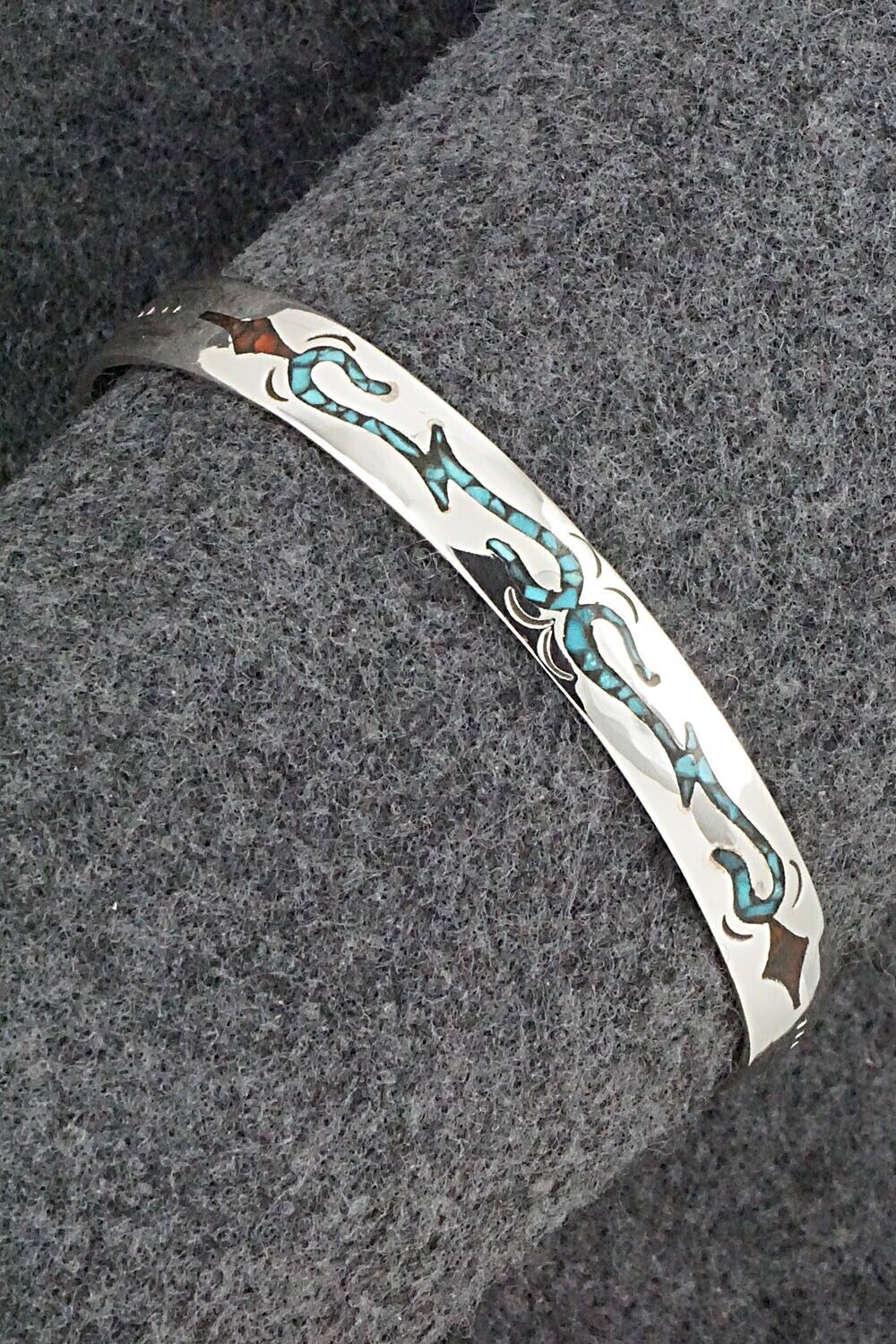 Turquoise, Coral Chip Inlay & Sterling Silver Bracelet - Joleen Yazzie