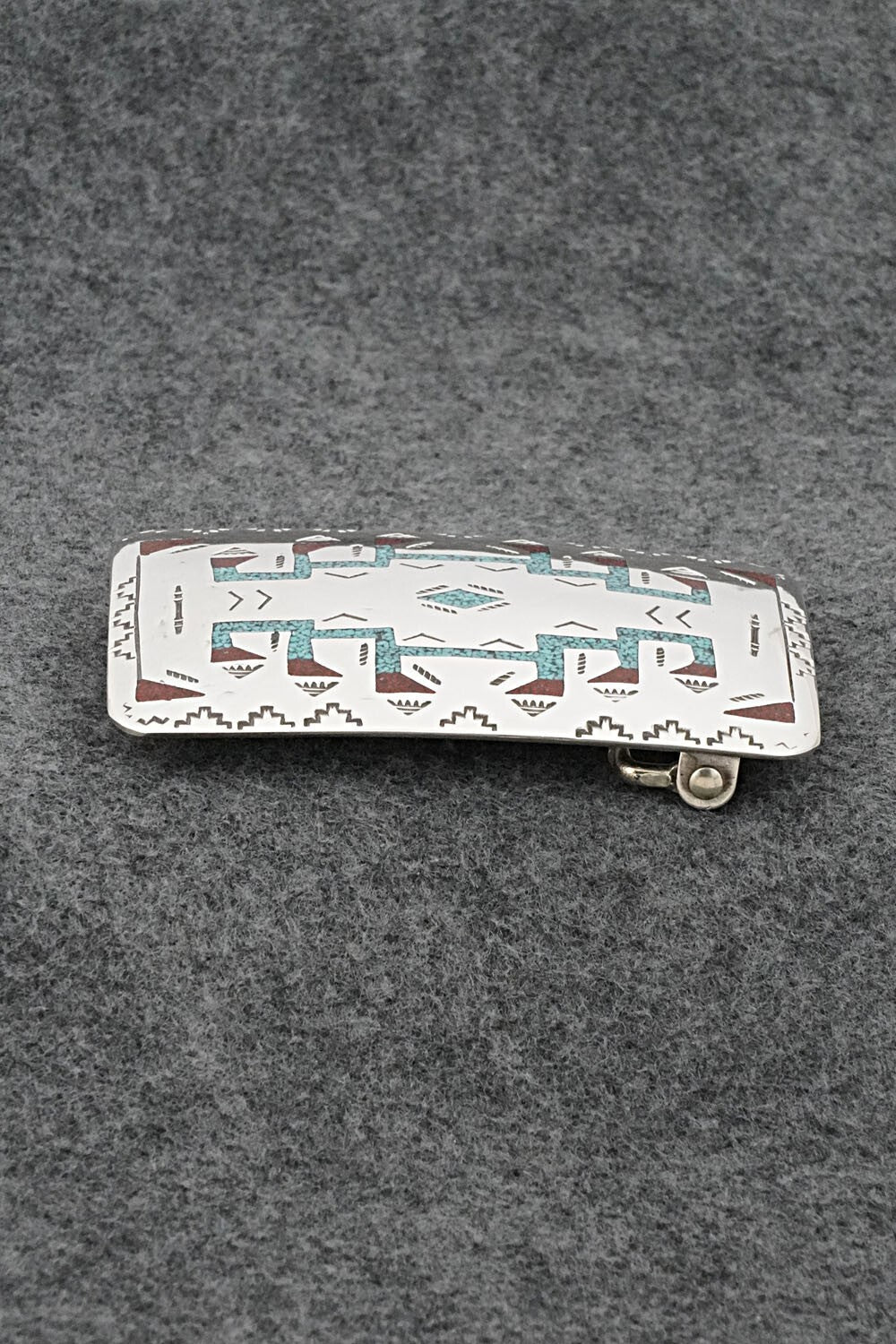 Turquoise, Coral Chip Inlay & Sterling Silver Belt Buckle - Raymond Begay