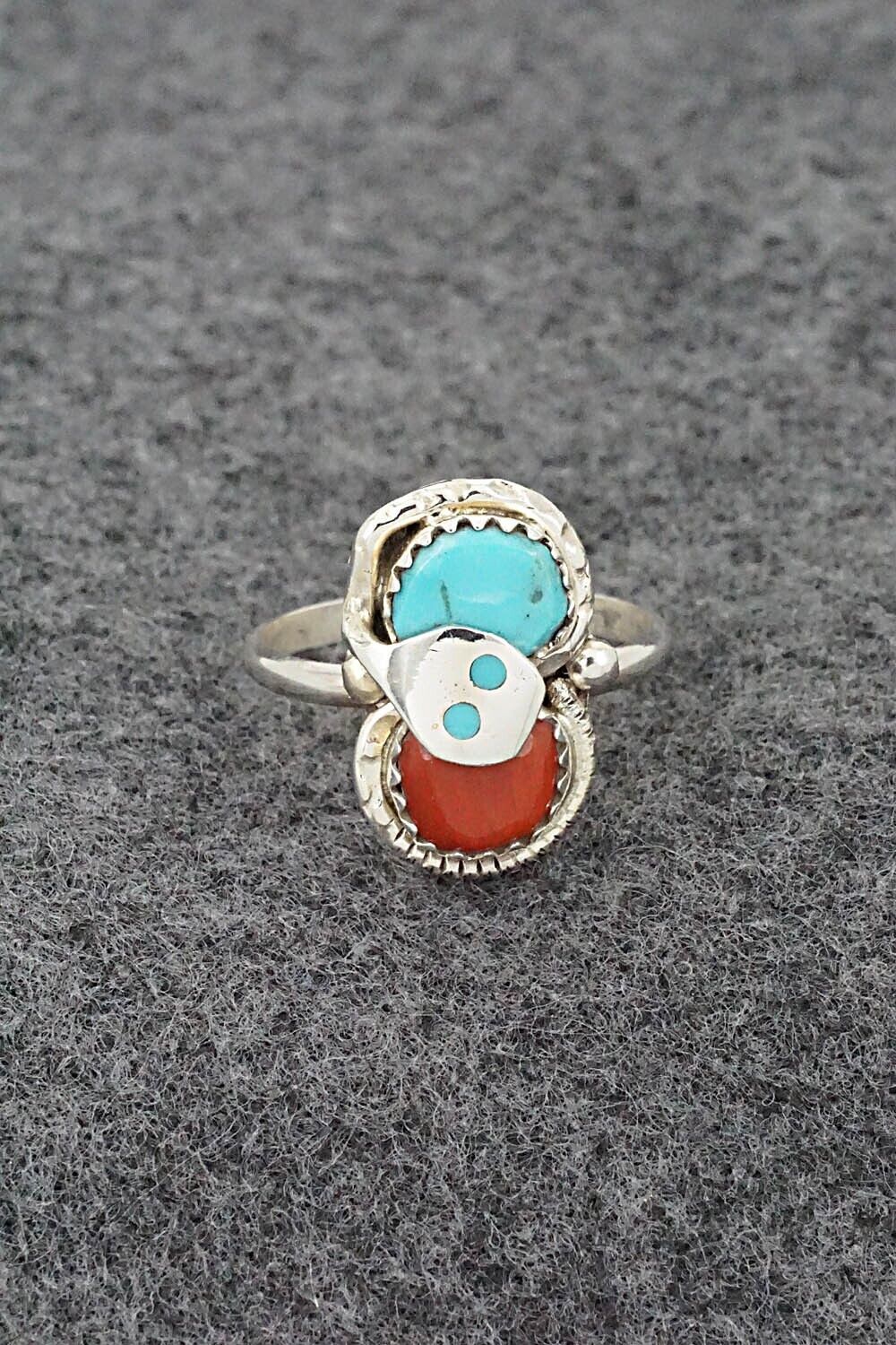Turquoise, Coral & Sterling Silver Ring - Joy Calavaza - Size 8