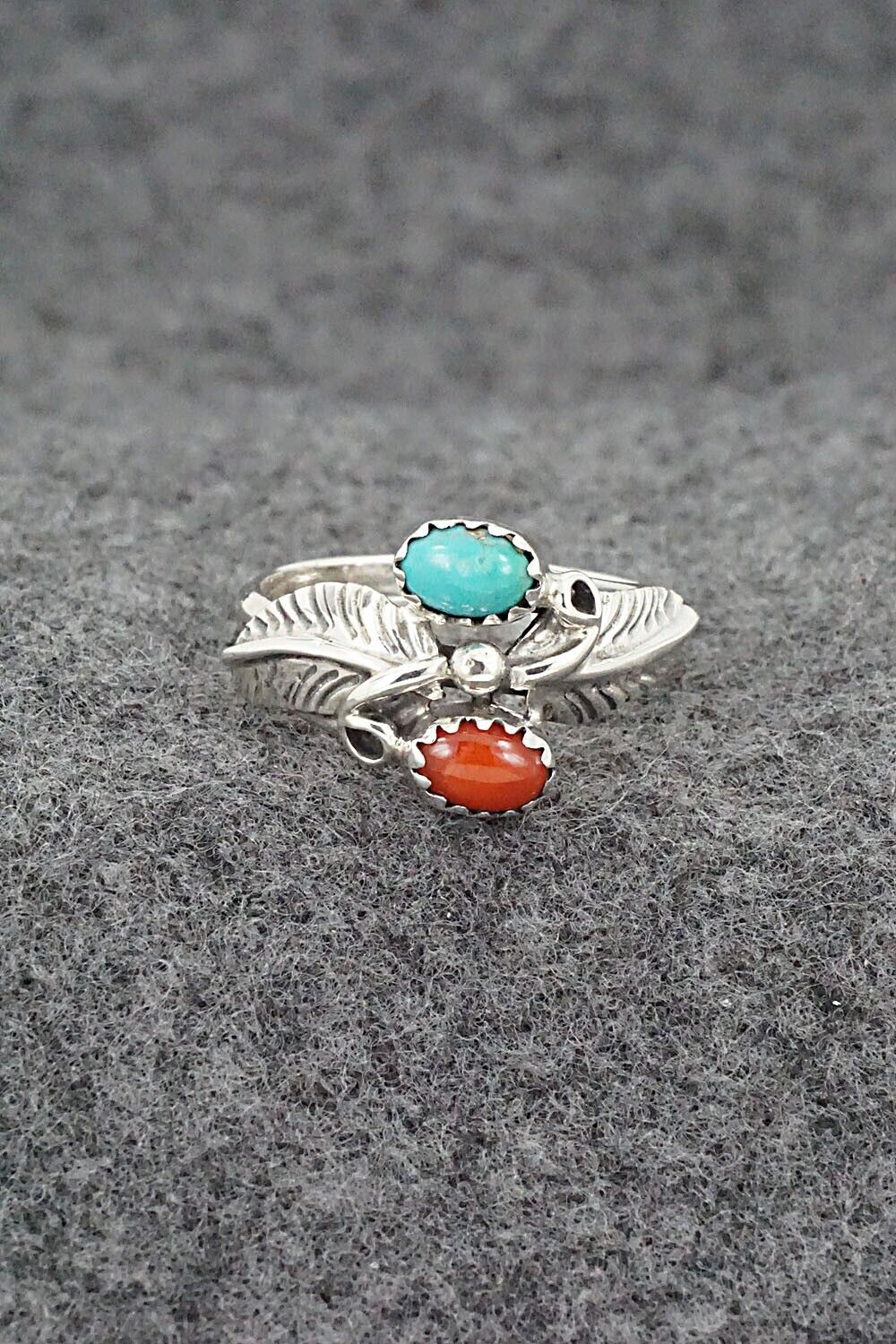 Turquoise, Coral & Sterling Silver Ring - Harry B. Yazzie - Size 7.75