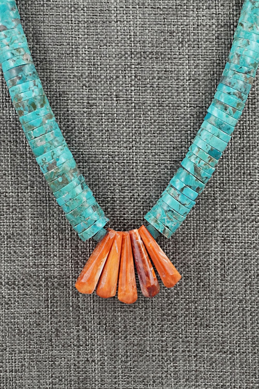 Turquoise, Spiny Oyster & Sterling Silver Necklace - Lupe Lovato