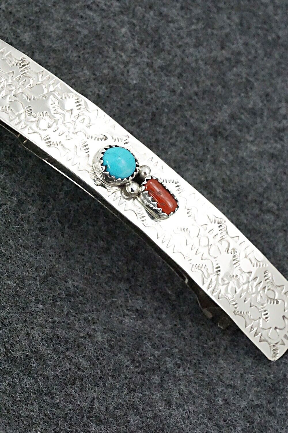 Turquoise, Coral & Sterling Silver Hair Barrette - Sally Arviso
