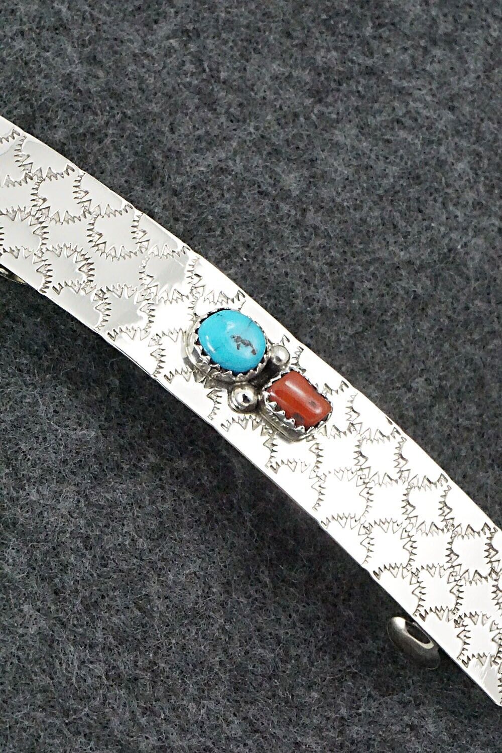 Turquoise, Coral & Sterling Silver Hair Barrette - Sally Arviso