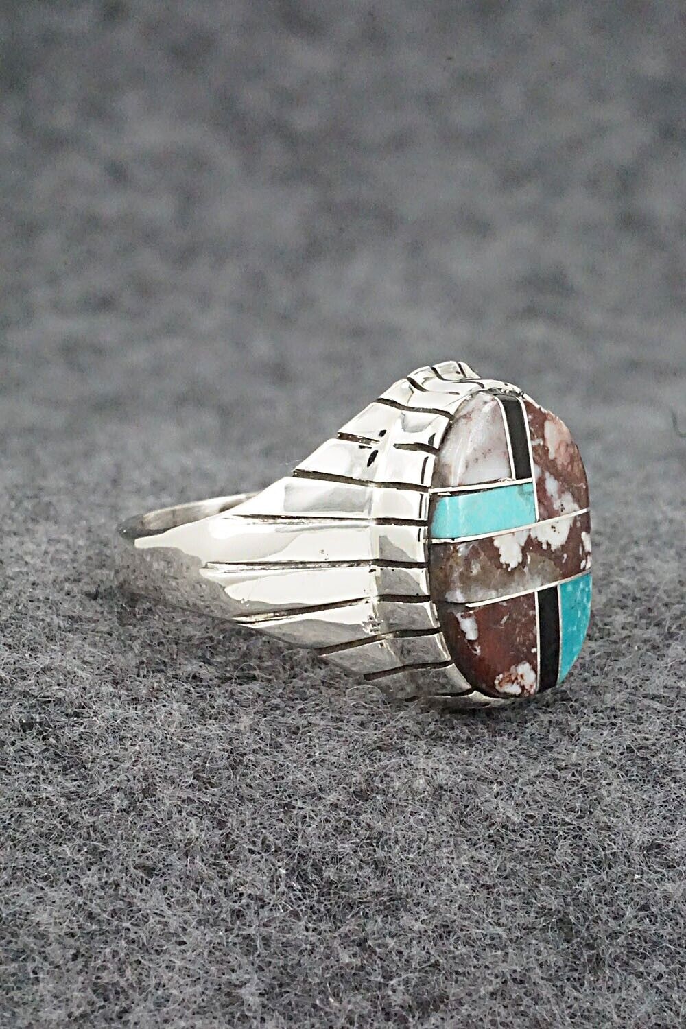 Wild Horse, Turquoise, Onyx & Sterling Silver Ring - Trevor Jack - Size 12