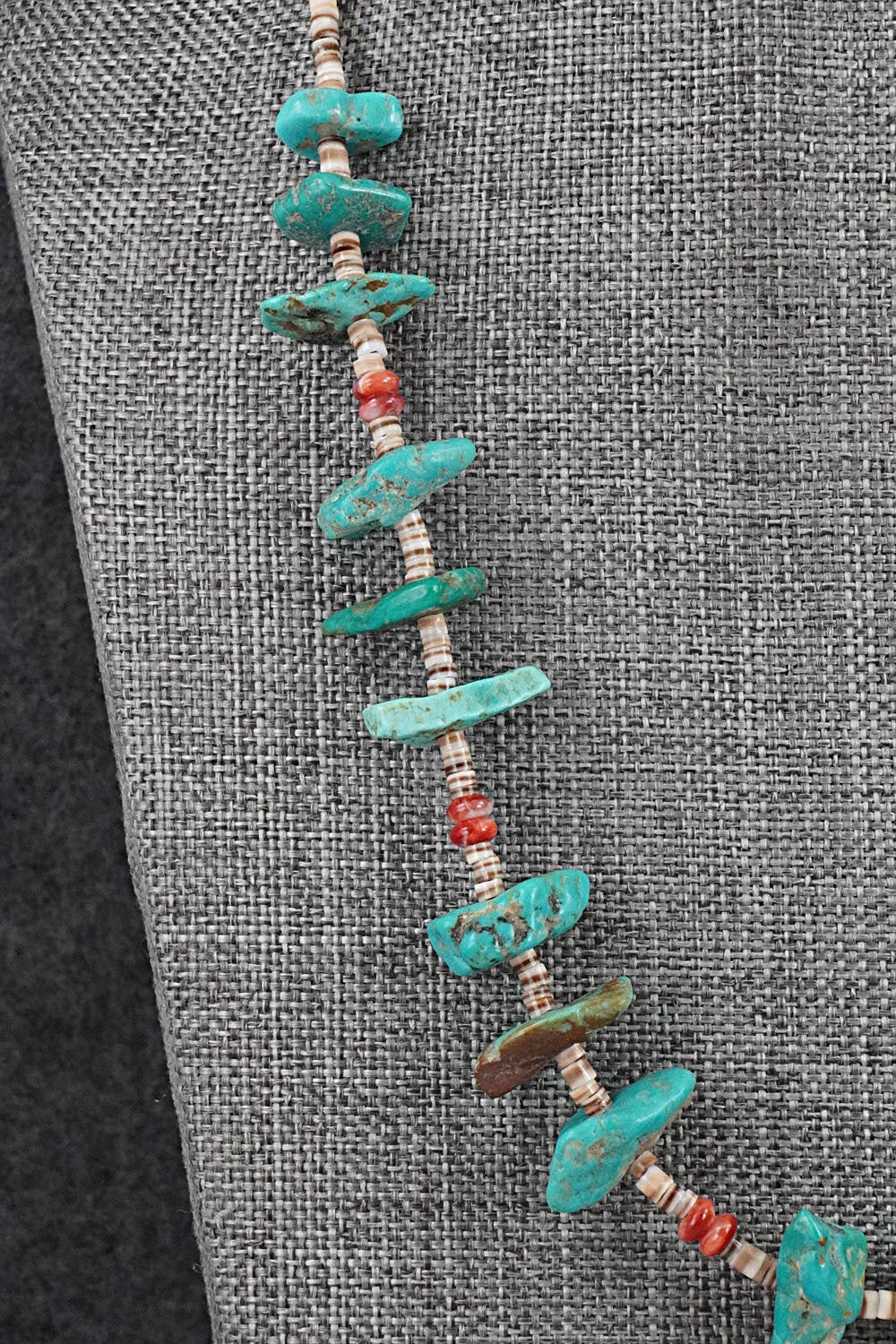 Turquoise, Spiny Oyster & Sterling Silver Necklace 19" - Helen Tsosie