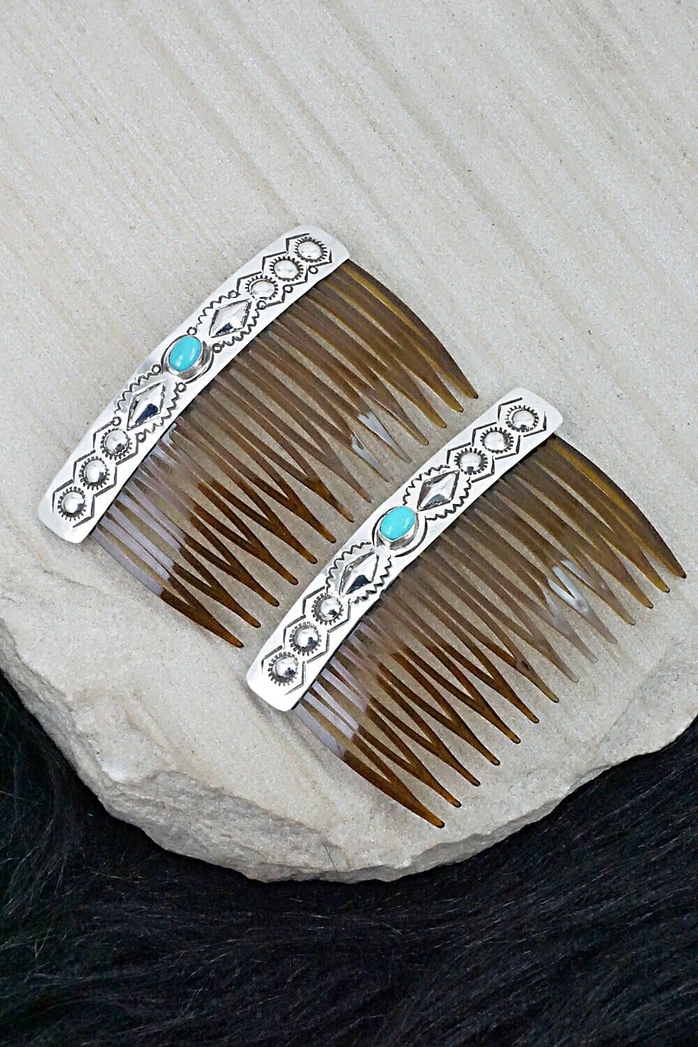 Turquoise & Sterling Silver Hair Combs - Jeannie Blackgoat