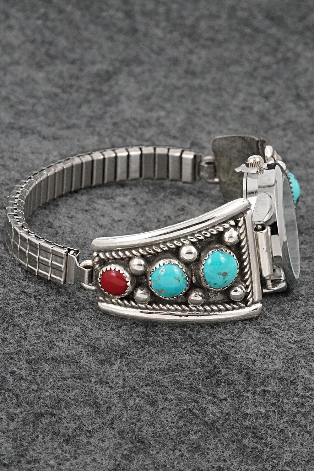 Turquoise, Coral & Sterling Silver Watch Bracelet - Paul Largo