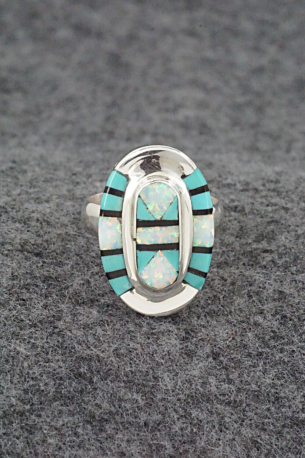 Turquoise, Onyx, Opalite & Sterling Silver Ring - Ophelia Panteah - Sz. 7