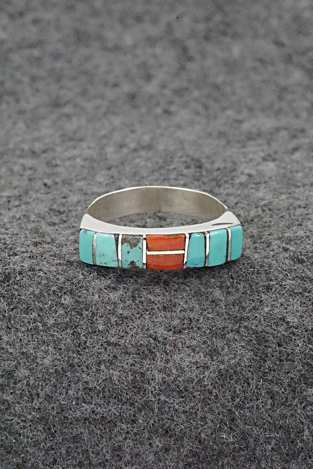 Turquoise, Coral & Sterling Silver Ring - Verna Kanesta - Size 8.5