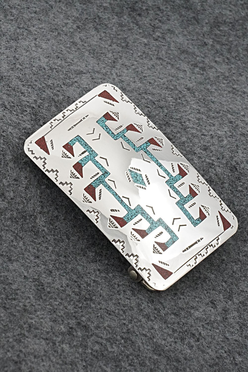 Turquoise, Coral Chip Inlay & Sterling Silver Belt Buckle - Raymond Begay