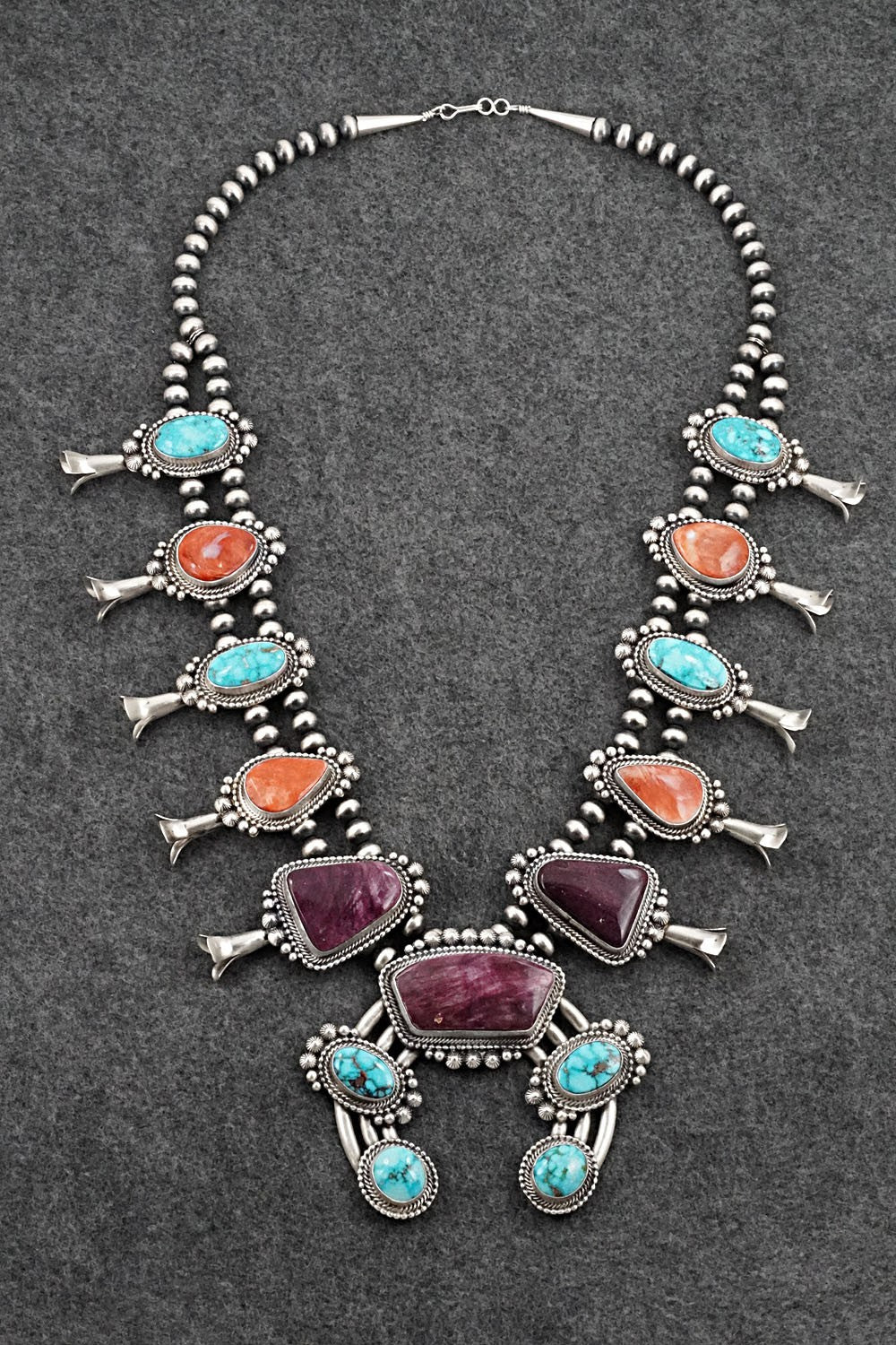 Turquoise, Spiny Oyster & Sterling Silver Squash Blossom Necklace - Tom Lewis