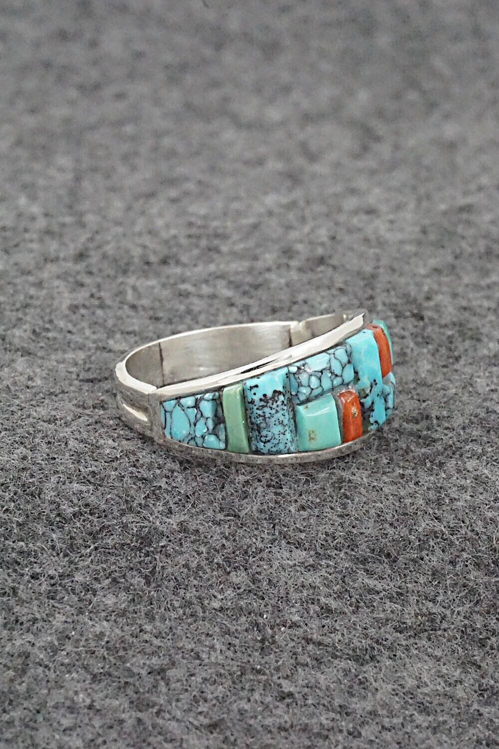 Turquoise, Coral & Sterling Silver Ring - Edison Yazzie - Size 10.5