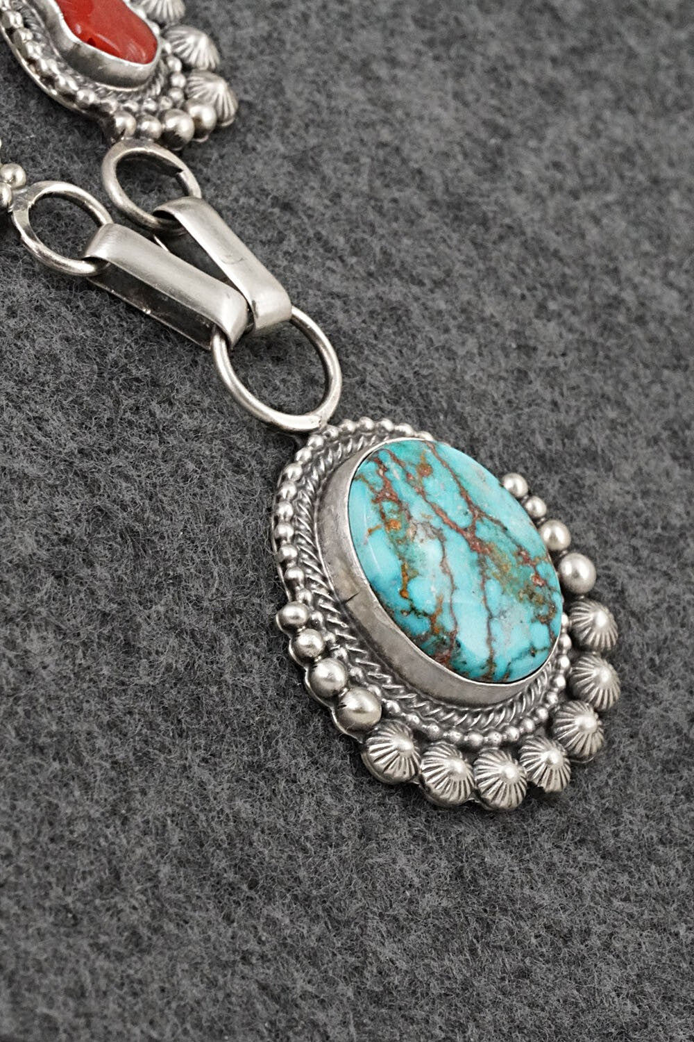 Turquoise, Coral & Sterling Silver Necklace and Earrings Set - Tom Lewis