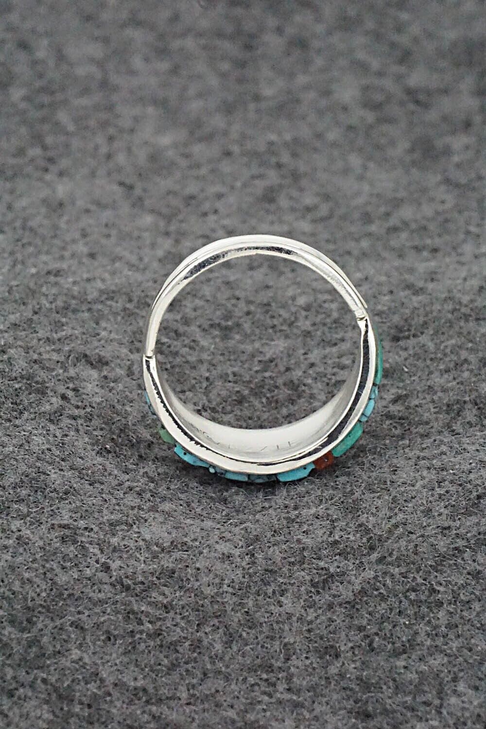 Turquoise, Coral & Sterling Silver Ring - Edison Yazzie - Size 10.5
