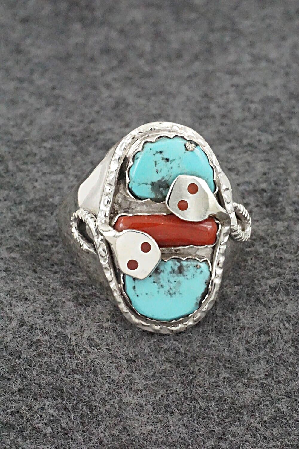 Turquoise, Coral & Sterling Silver Ring - Joy Calavaza - Size 13.5