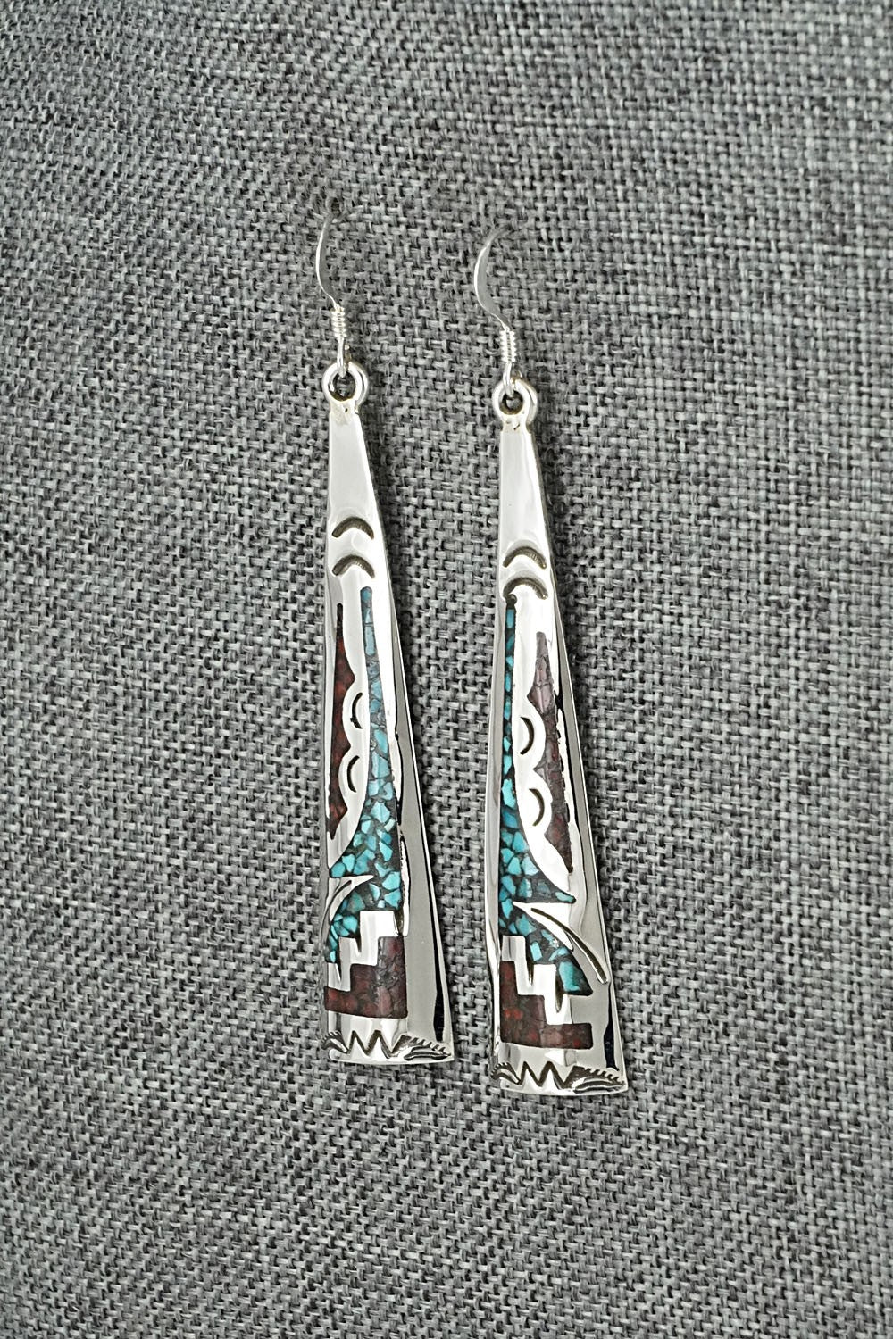 Turquoise, Coral Chip & Sterling Silver Earrings - Joleen Yazzie