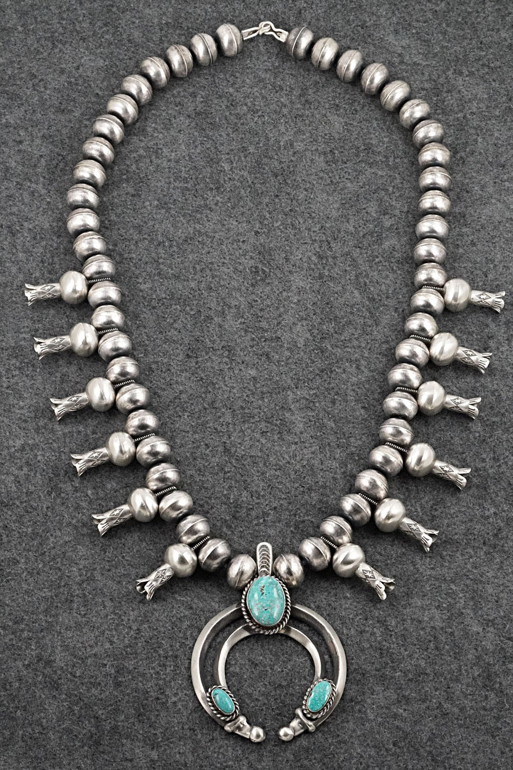 Turquoise & Sterling Silver Navajo Pearl Squash Blossom Necklace - Chris Hale