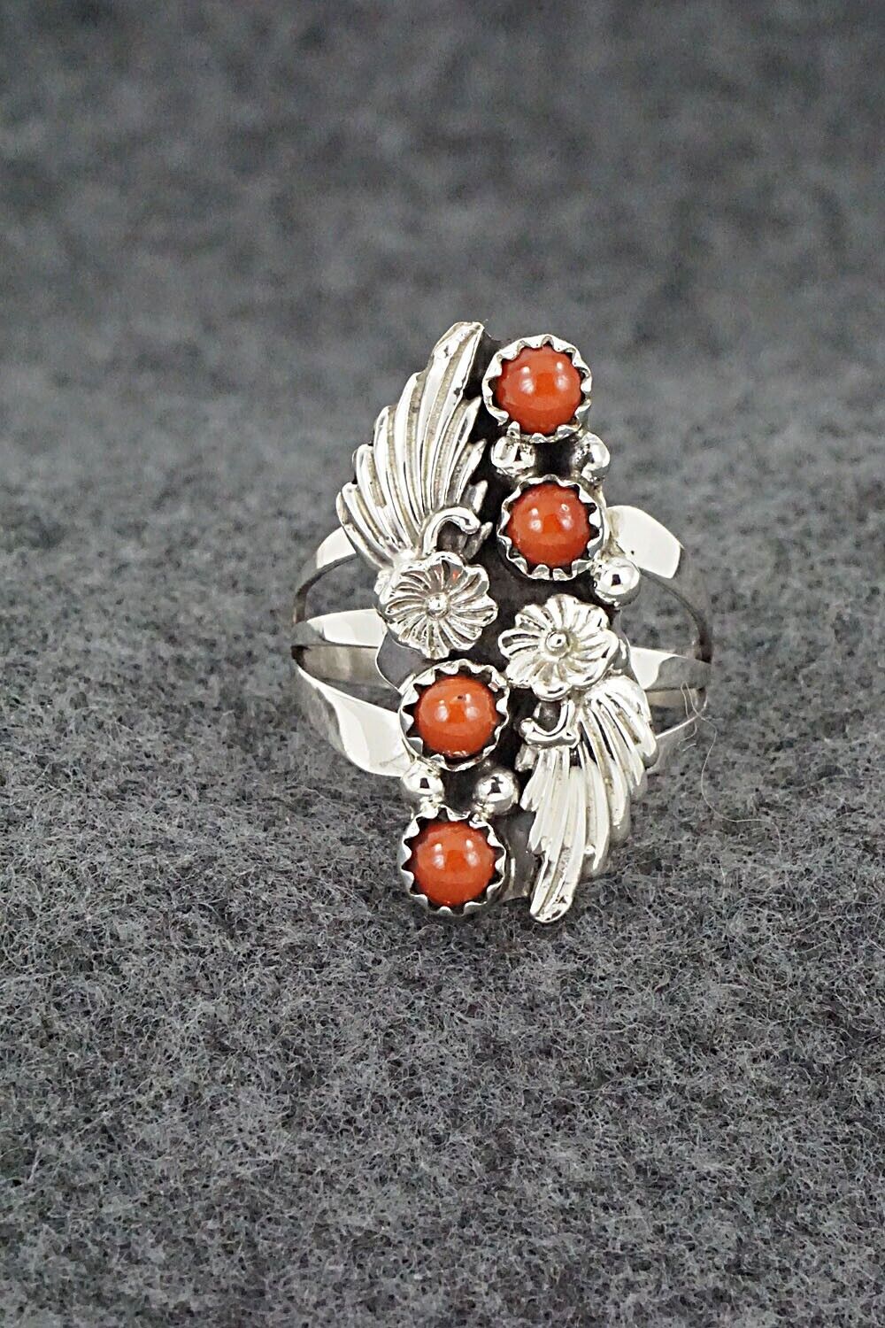 Coral & Sterling Silver Ring - Jerryson Henio - Size 7.5