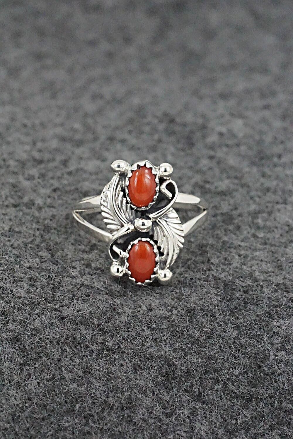 Coral & Sterling Silver Ring - Judy Largo - Size 6.75