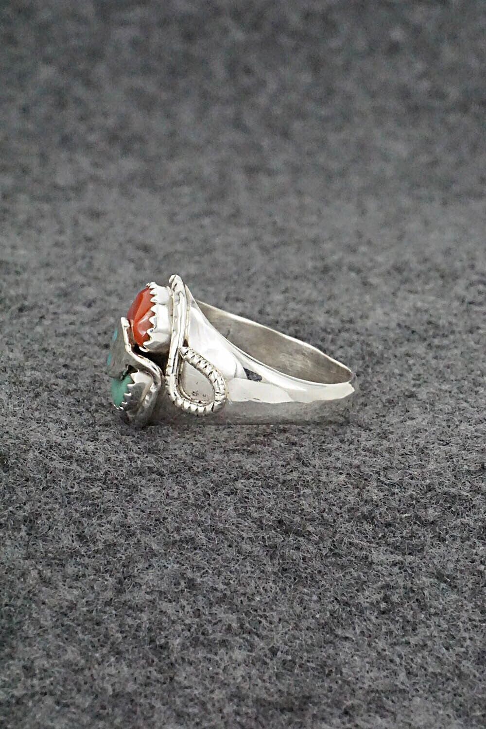 Turquoise, Coral & Sterling Silver Ring - Joy Calavaza - Size 8.5