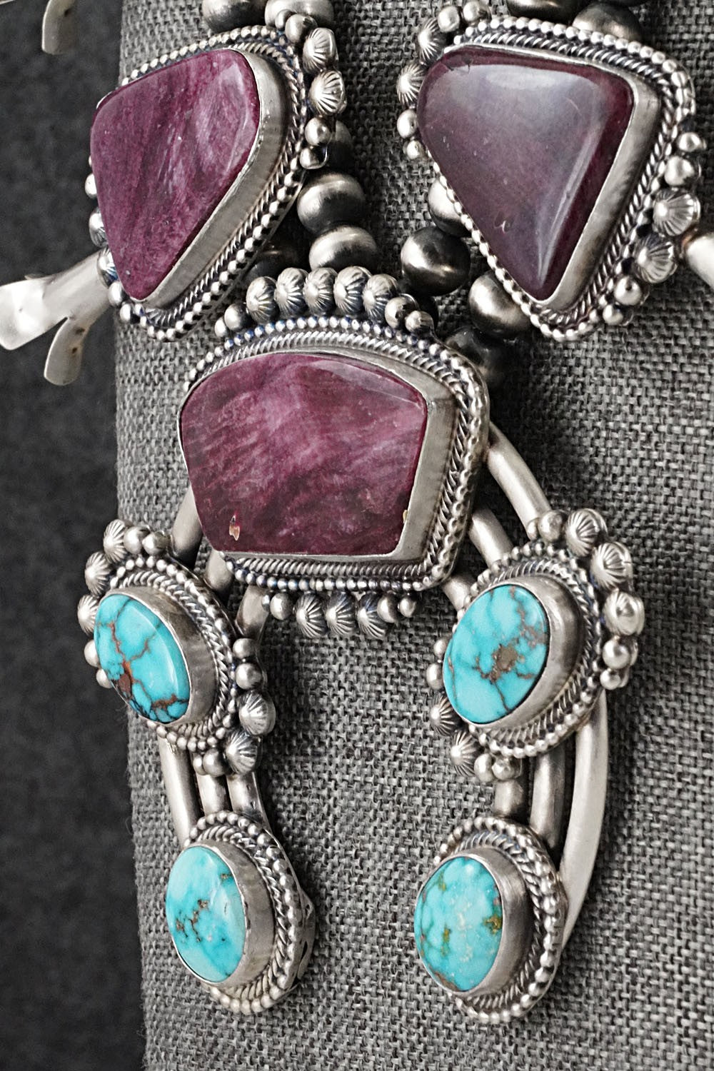 Turquoise, Spiny Oyster & Sterling Silver Squash Blossom Necklace - Tom Lewis