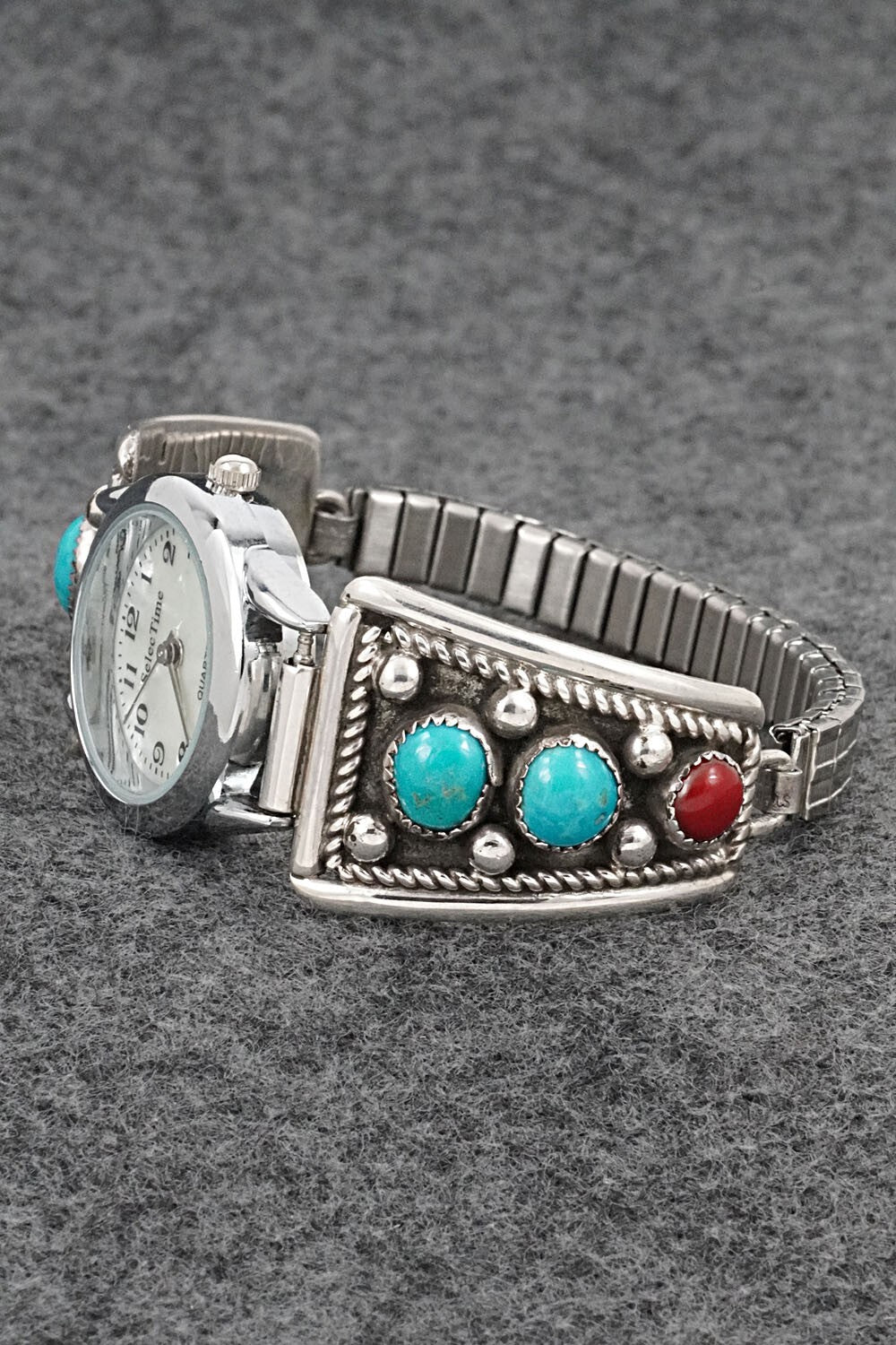 Turquoise, Coral & Sterling Silver Watch Bracelet - Paul Largo