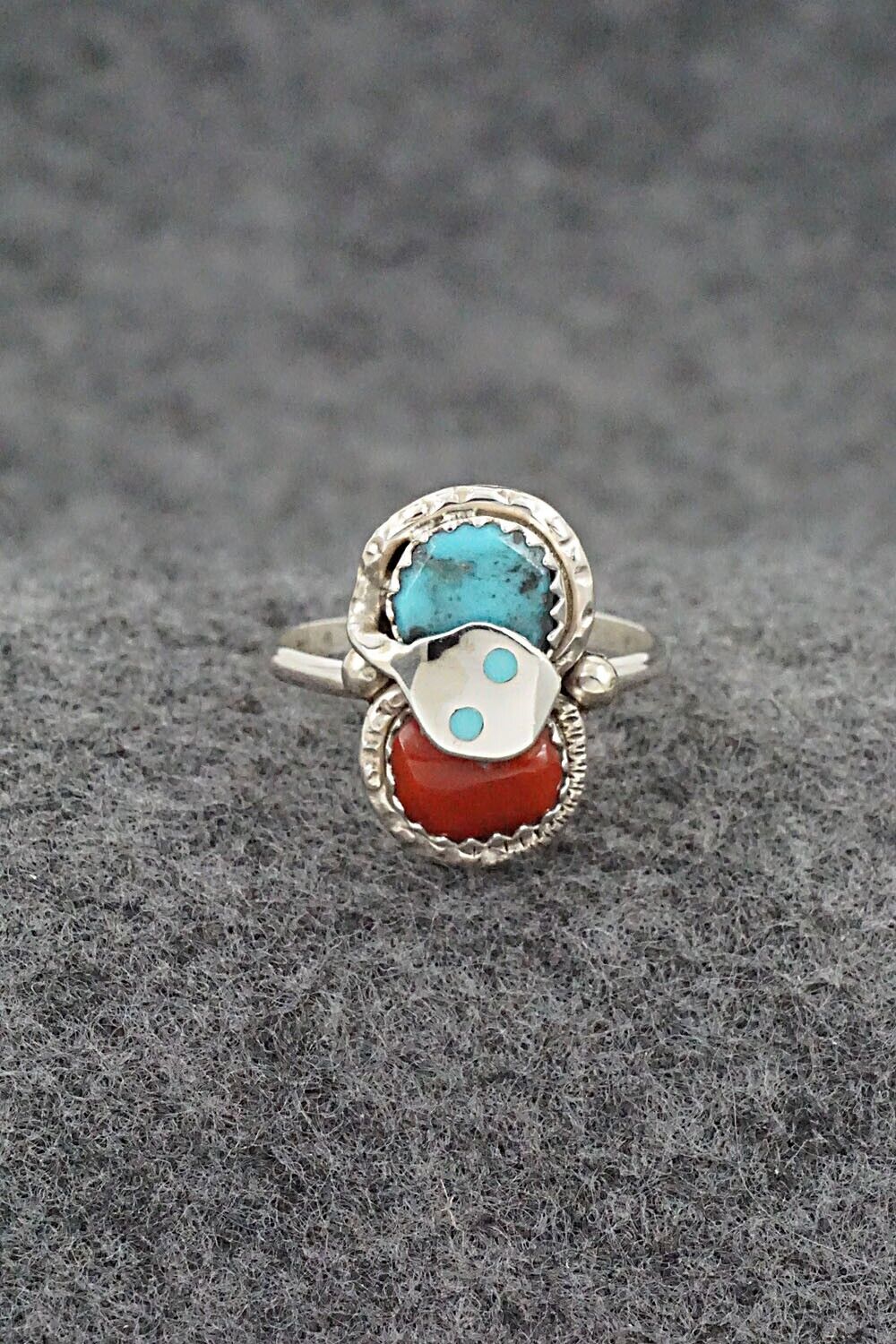 Turquoise, Coral & Sterling Silver Ring - Joy Calavaza - Size 7.5