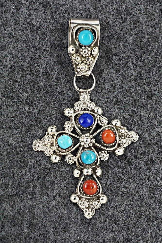Turquoise, Coral, Lapis & Sterling Silver Pendant - Verdie Booqua