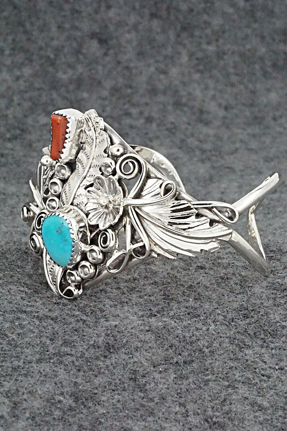 Turquoise, Coral & Sterling Silver Bracelet - Harry B. Yazzie