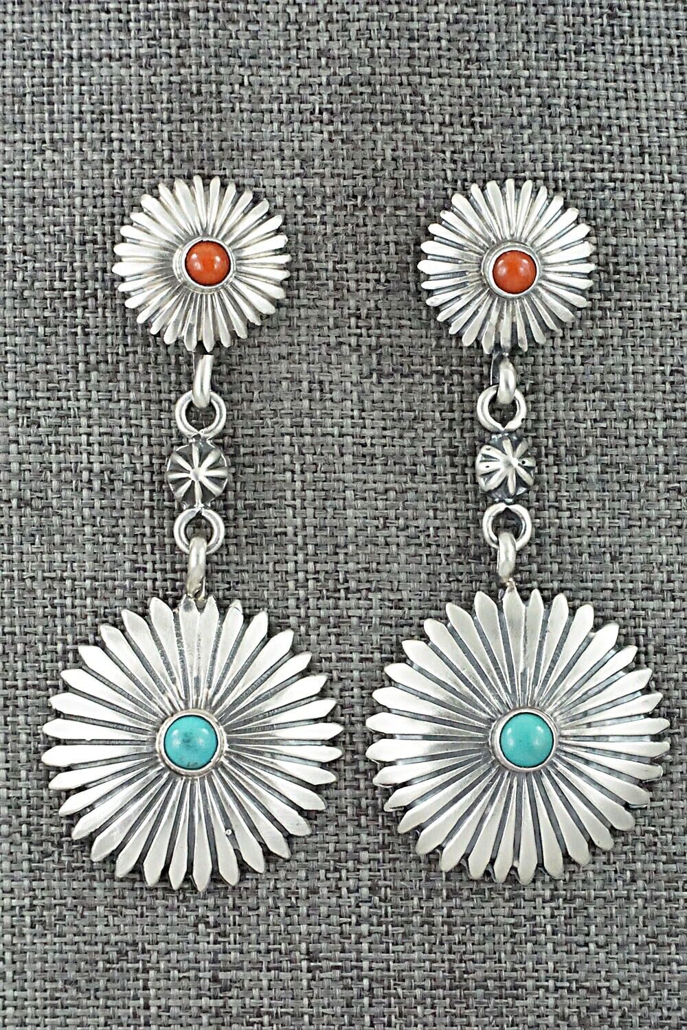 Turquoise, Coral & Sterling Silver Earrings - Verley Betone