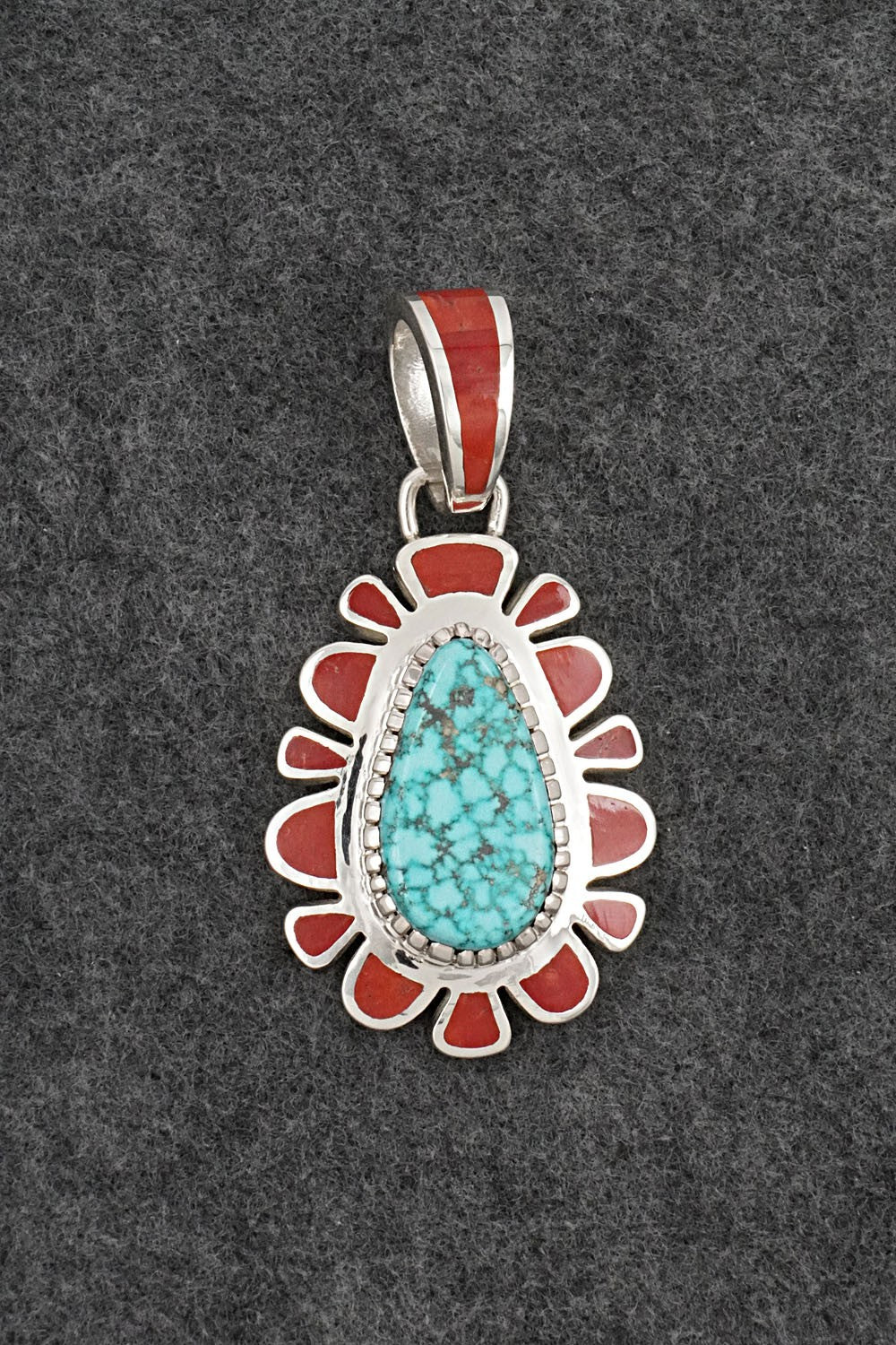 Turquoise, Coral & Sterling Silver Pendant - Vernon Haskie