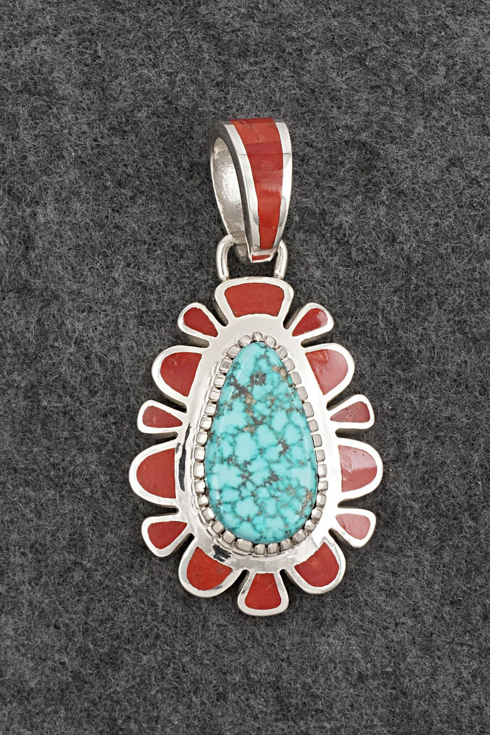 Turquoise, Coral & Sterling Silver Pendant - Vernon Haskie