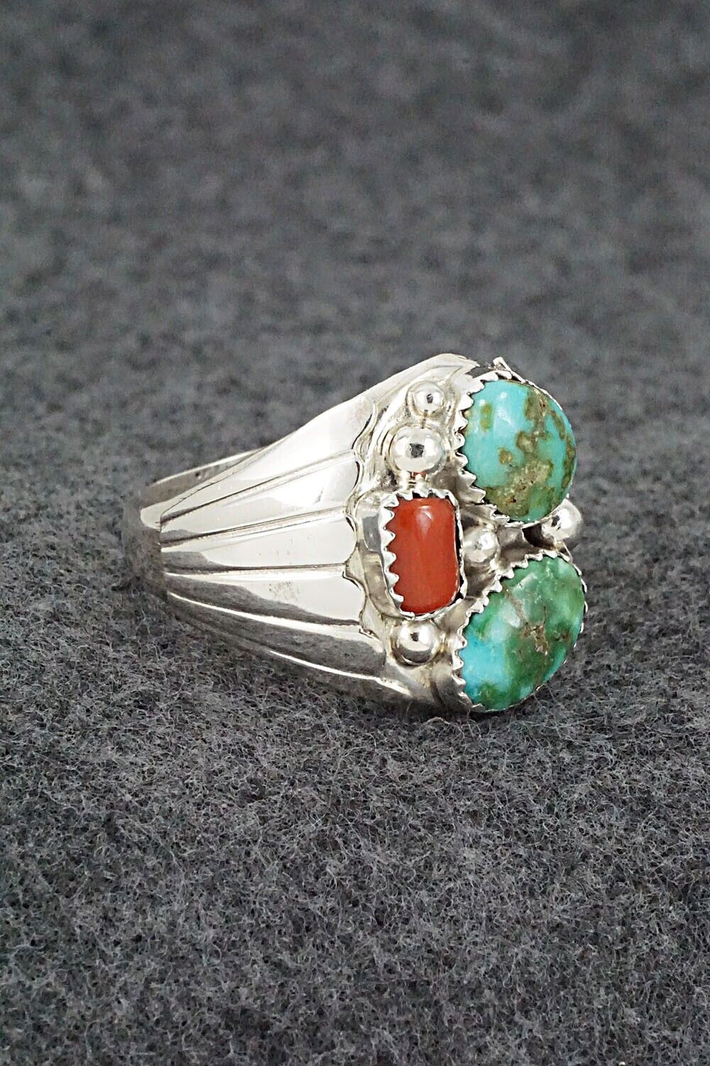 Turquoise, Coral and Sterling Silver Ring - Annie Spencer - Size 13.25
