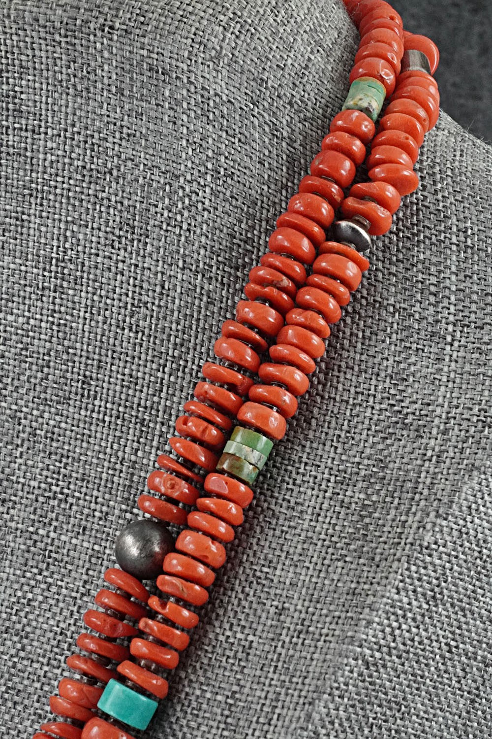 Coral, Turquoise & Sterling Silver Necklace 36" - Helen Tsosie