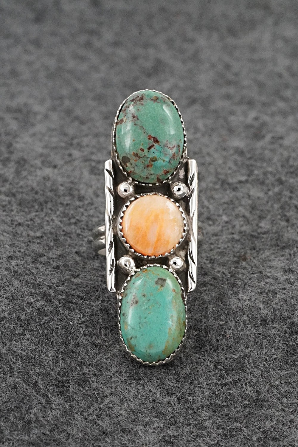 Turquoise, Spiny Oyster & Sterling Silver Ring - Priscilla Reeder - Size 7.5
