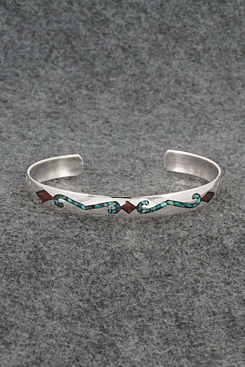 Turquoise, Coral Chip Inlay & Sterling Silver Bracelet - Joleen Yazzie