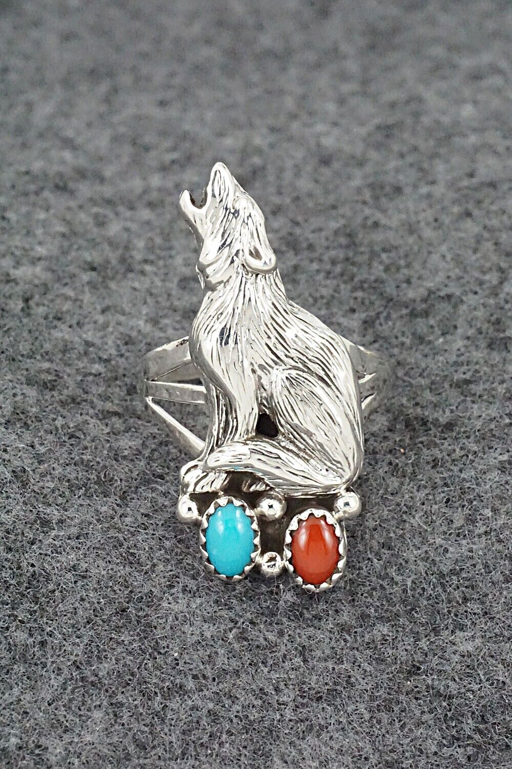 Turquoise, Coral & Sterling Silver Ring - Jerryson Henio - Size 8.5
