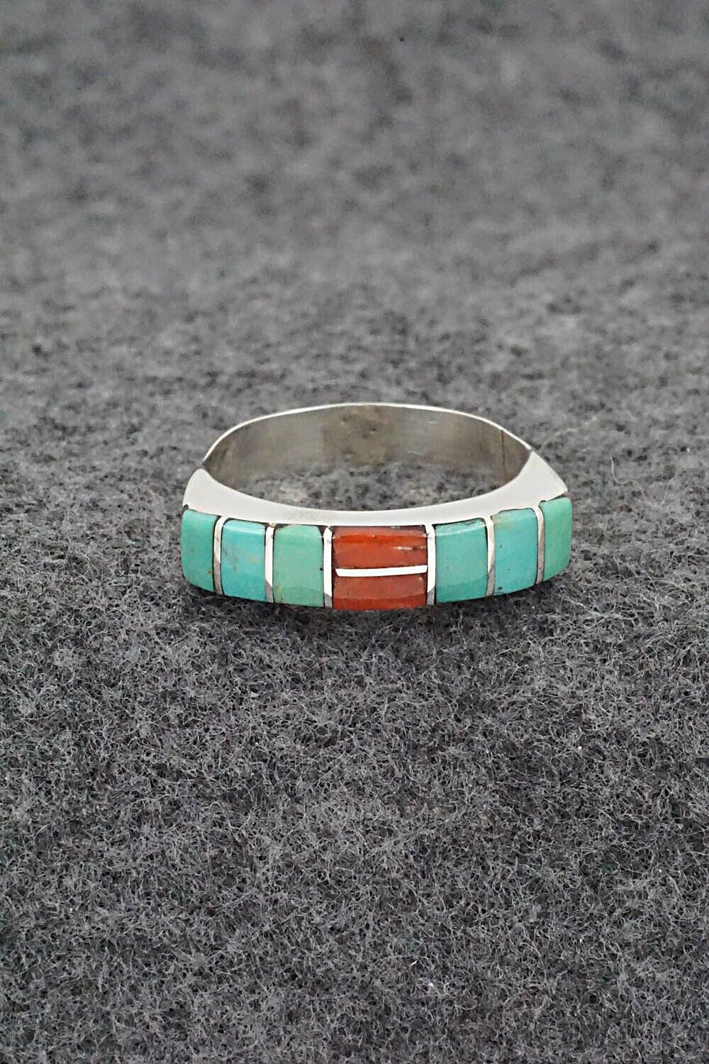Turquoise, Coral & Sterling Silver Ring - Verna Kanesta - Size 8.5