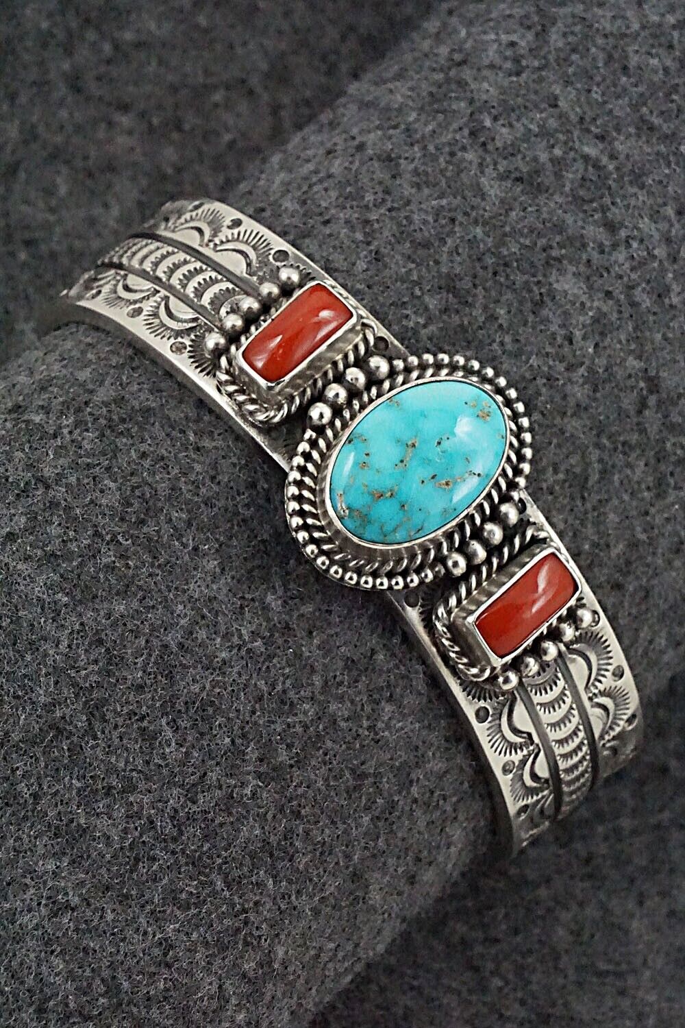 Turquoise, Coral & Sterling Silver Bracelet - Michael Calladitto