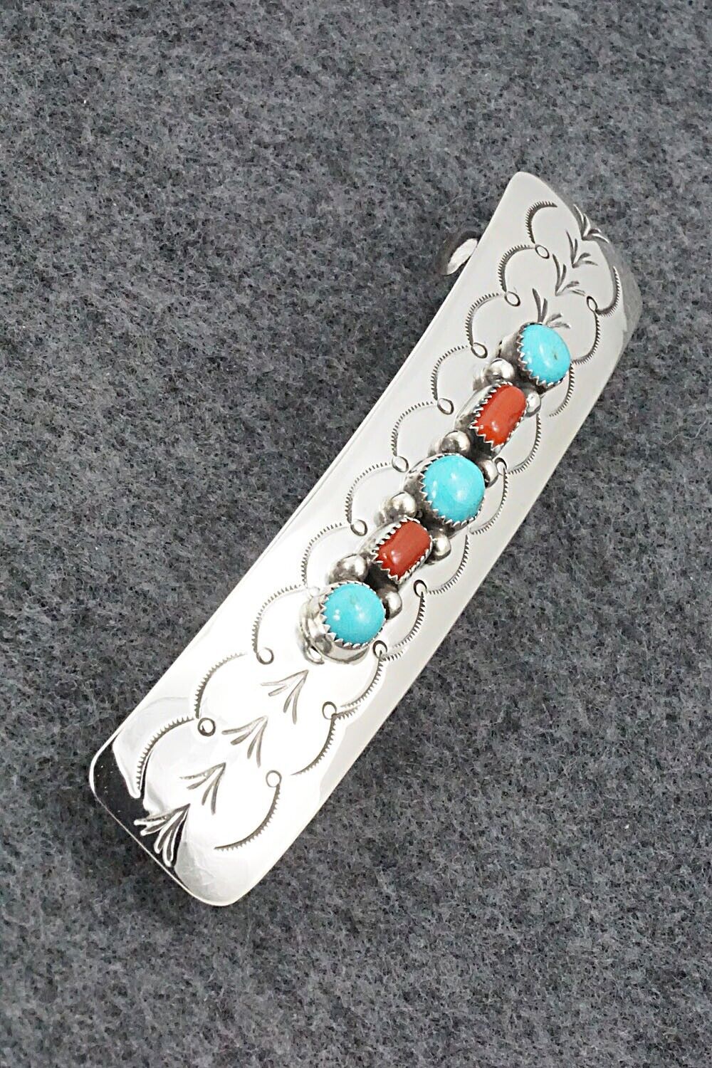 Turquoise, Coral & Sterling Silver Hair Barrette - Jolene Begay