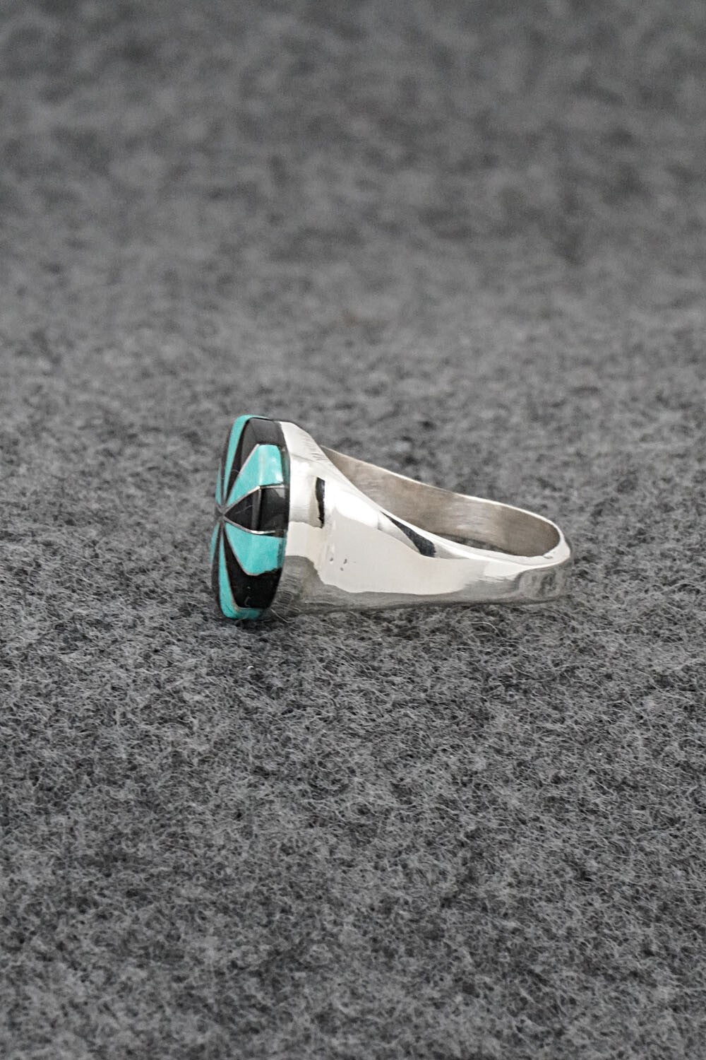 Turquoise, Onyx & Sterling Silver Inlay Ring - Johnson Laweka - Size 5.5