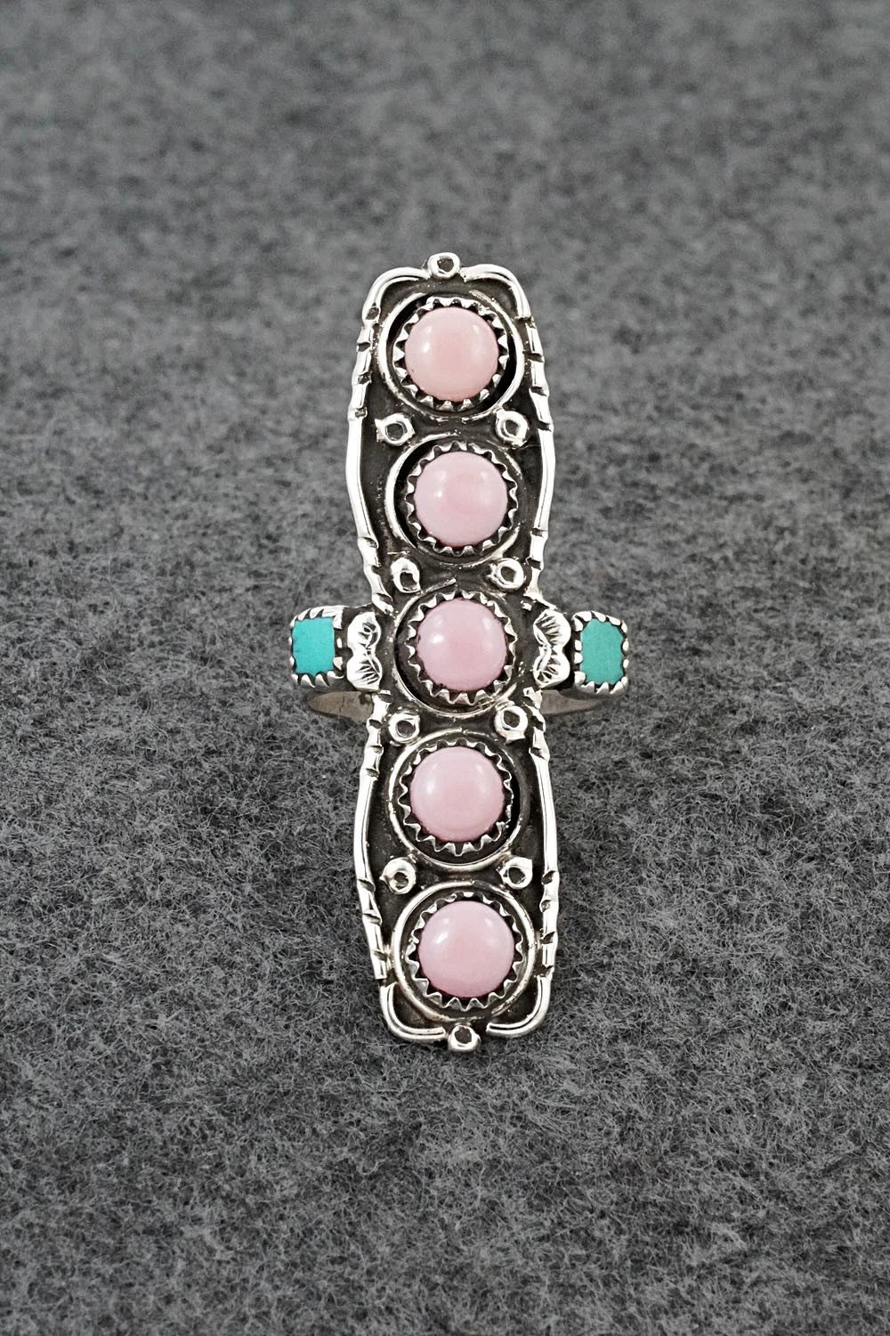 Pink Conch, Turquoise & Sterling Silver Ring - Priscilla Reeder - Size 7.5