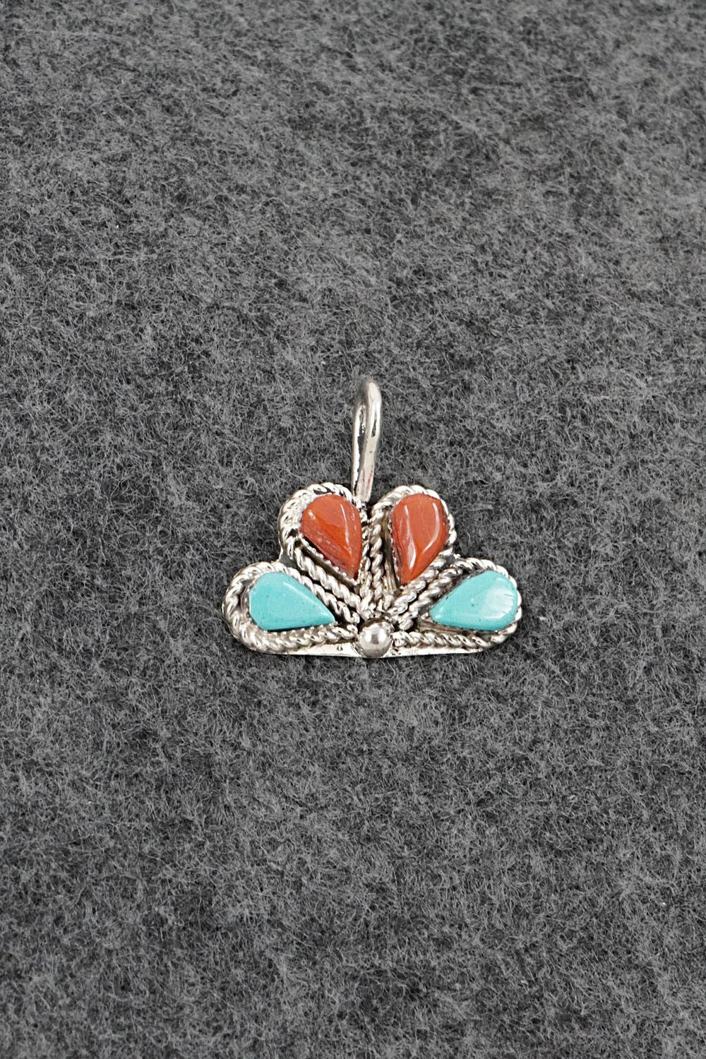 Coral, Turquoise & Sterling Silver Pendant - Huberta Lonjose