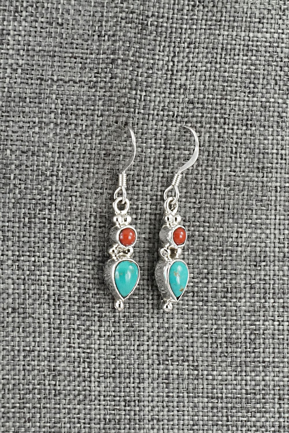 Turquoise, Coral & Sterling Silver Earrings - Gary Shorty