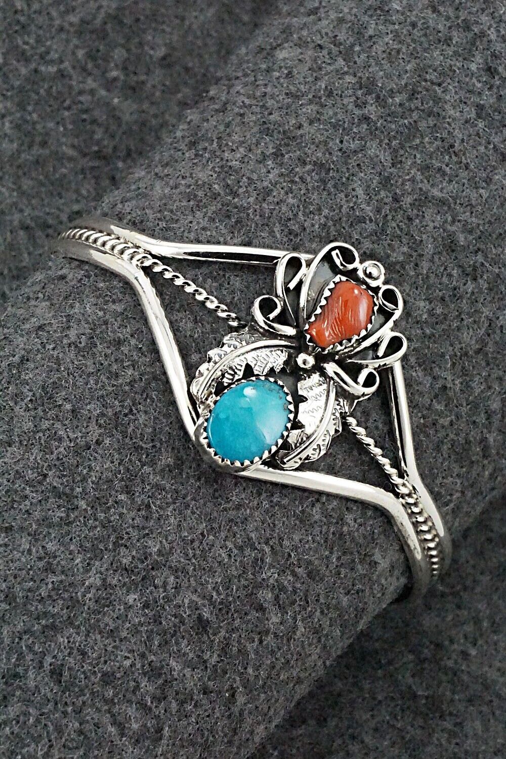 Turquoise, Coral & Sterling Silver Bracelet - Harry B. Yazzie