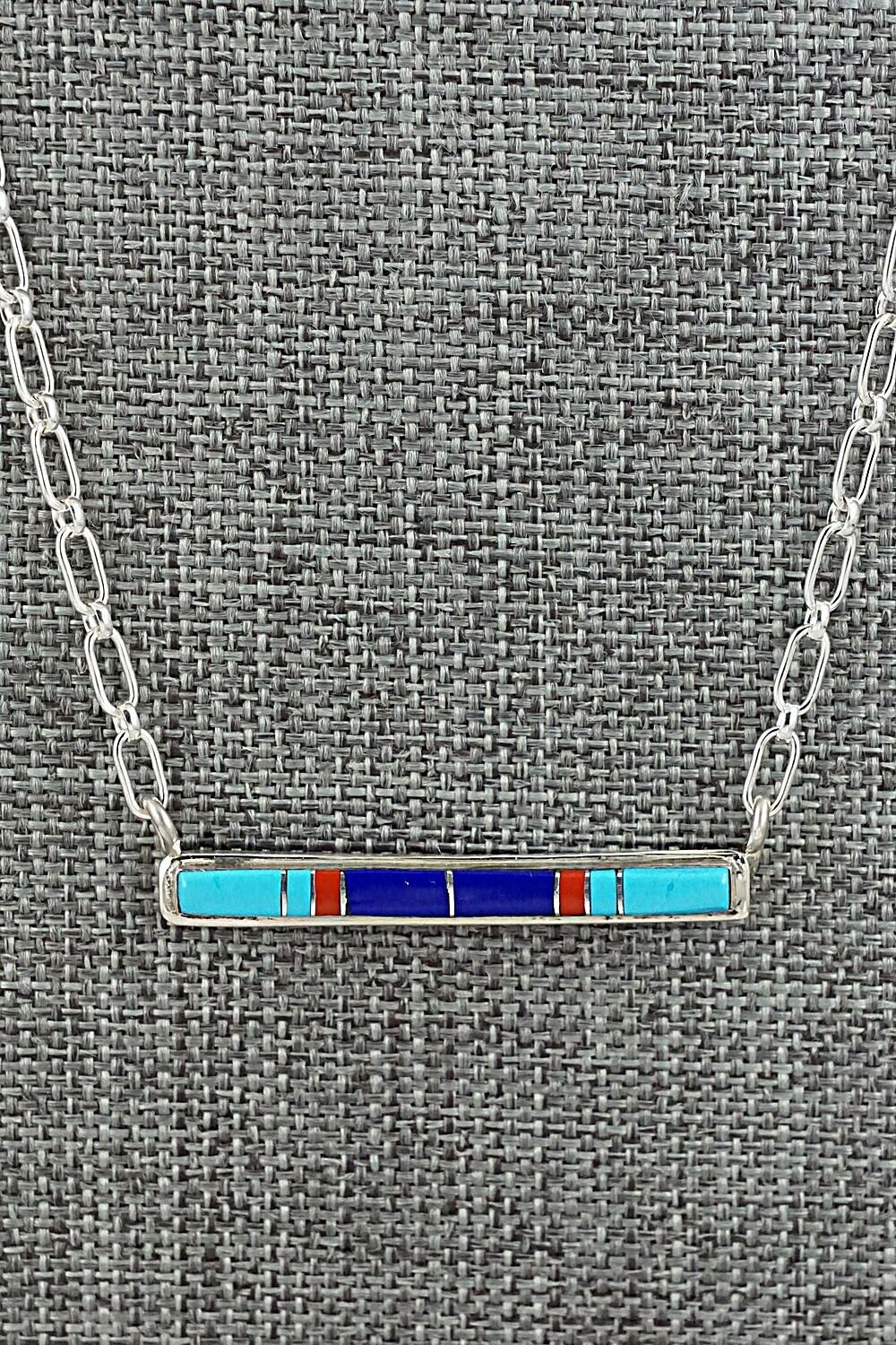 Turquoise, Coral, Lapis & Sterling Silver Inlay Necklace - Roland Natachu