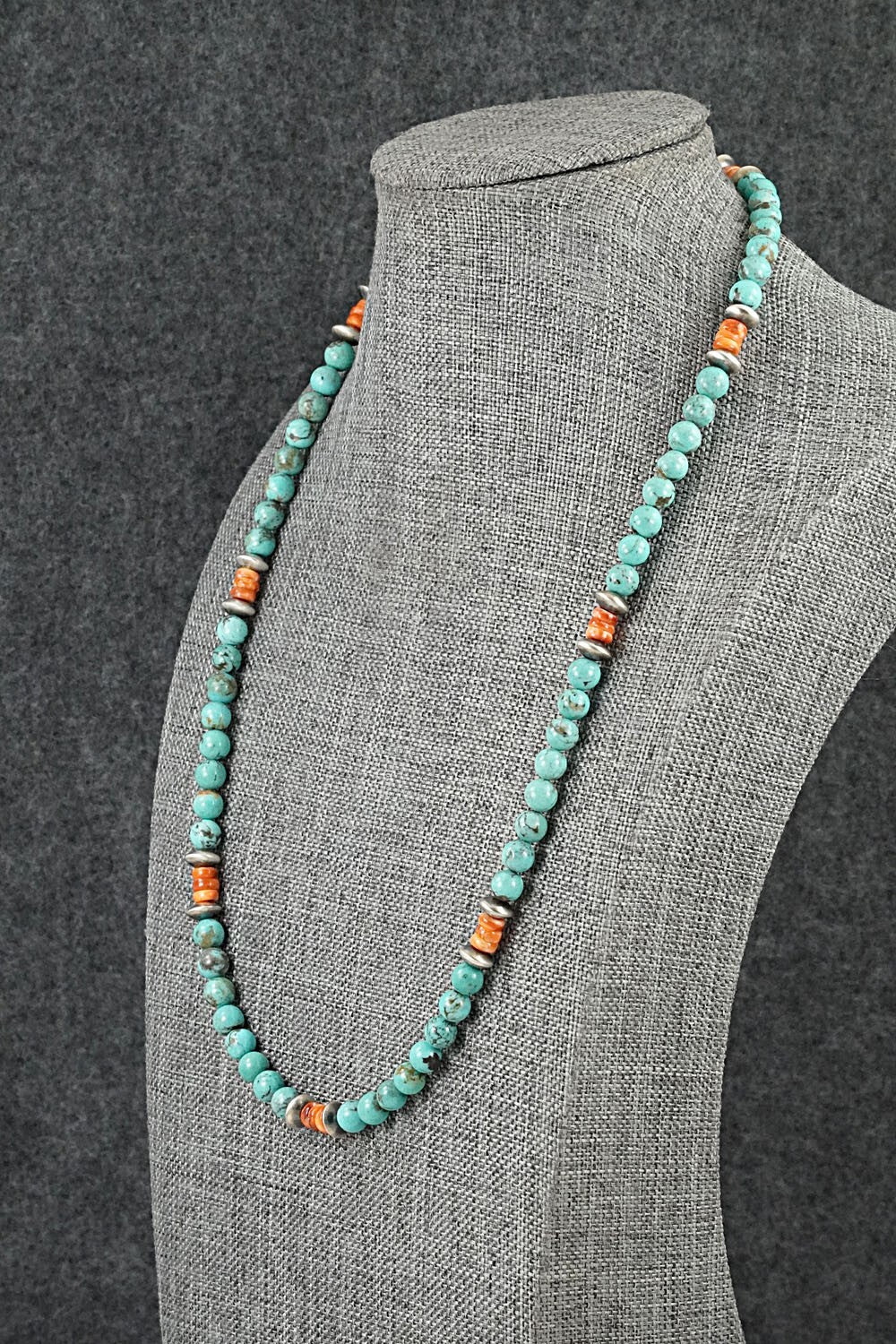 Turquoise, Spiny Oyster & Sterling Silver Necklace 20" - Doreen Jake