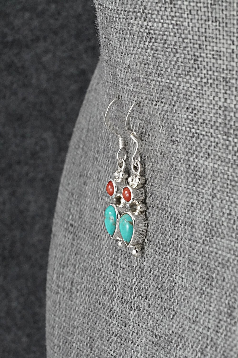 Turquoise, Coral & Sterling Silver Earrings - Gary Shorty