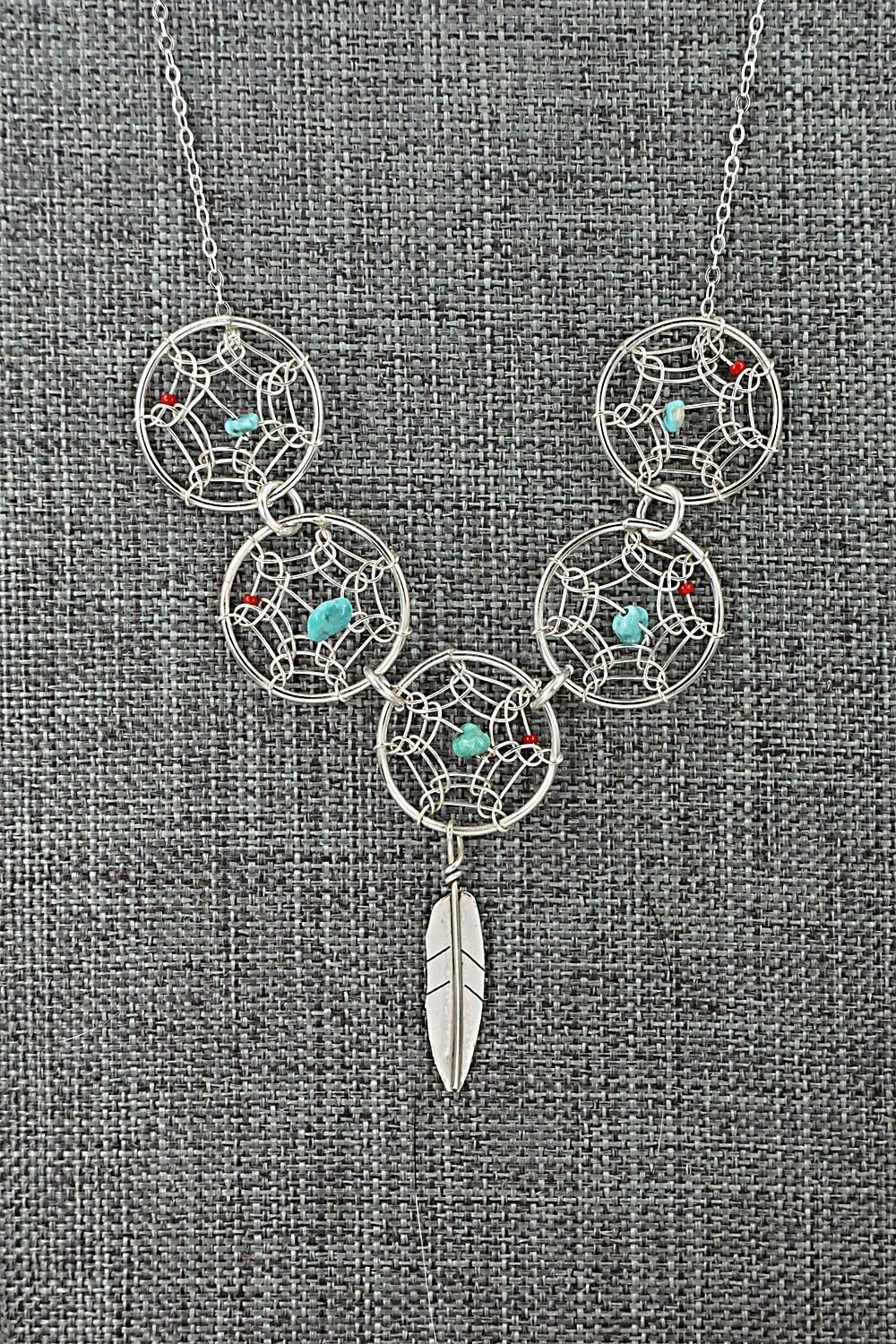 Turquoise, Coral & Sterling Silver Necklace - Lorenzo Arviso Jr.