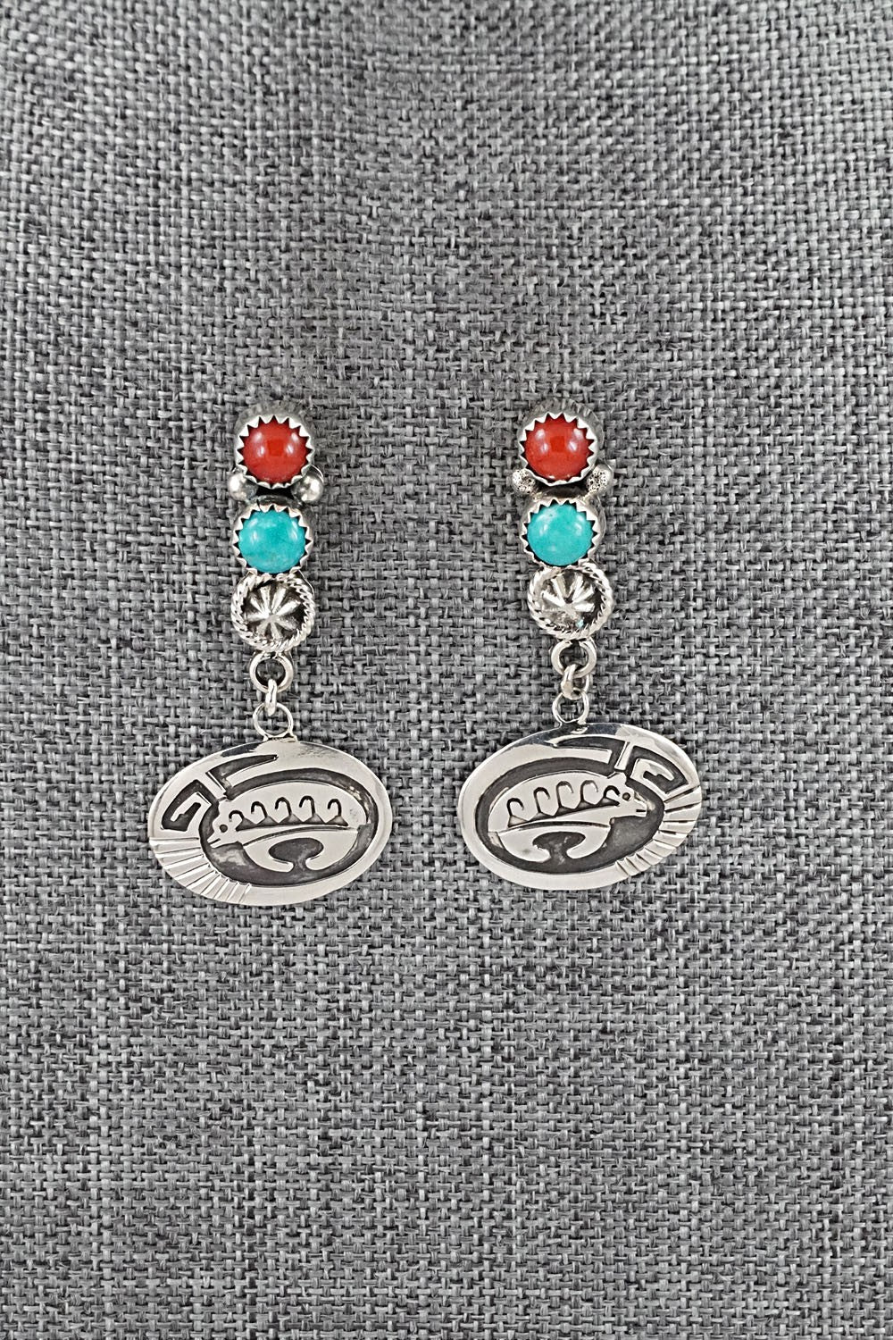 Turquoise, Coral & Sterling Silver Earrings - Annette Martinez